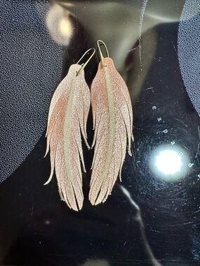 Handmade Boho Leather Feather Earrings Metallic Rose Gold